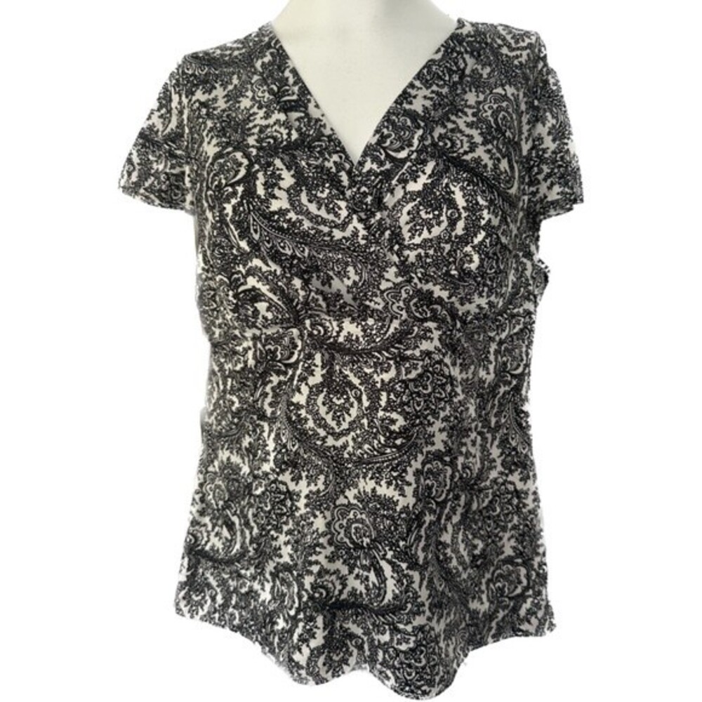 Ann Taylor Women's Black White Paisley Print Faux Wrap Style Top Blouse Size 10P